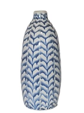 Blue & White Glazed Ceramic Vase  10" Tall Crafted in Thailand Drippy Glaze NWT
